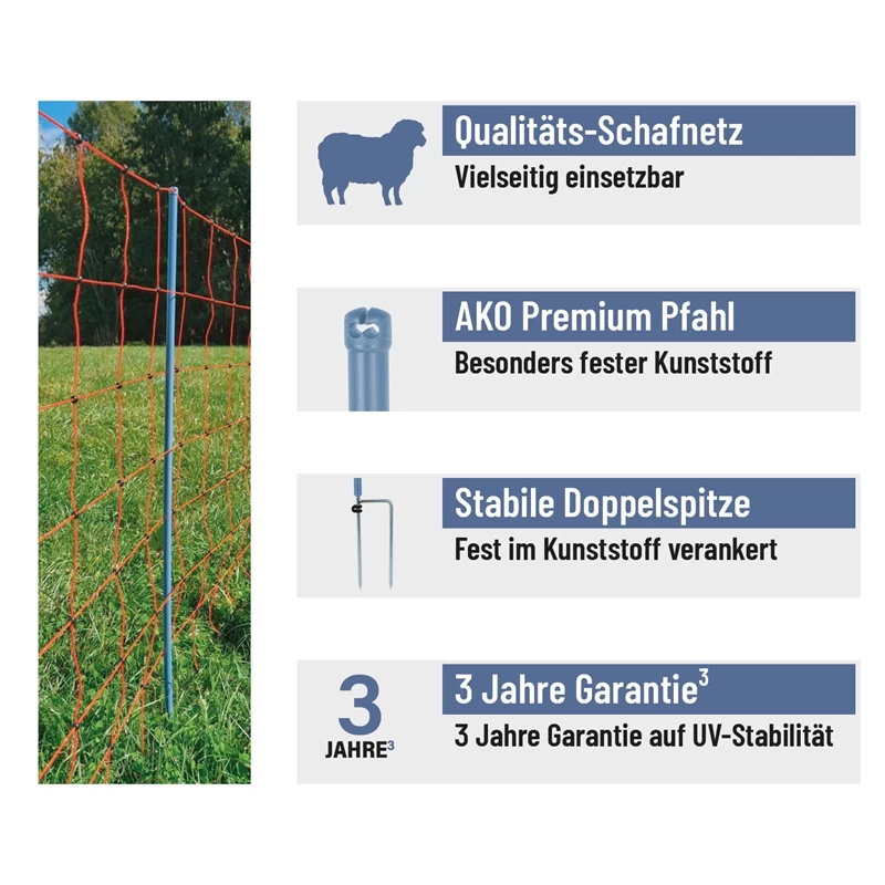 AKO OviNet Premium 50m Schafnetz, Schafzaun, 108cm, 14 Verstärkte Pfähle, 2 Spitzen, Orange – Bild 2