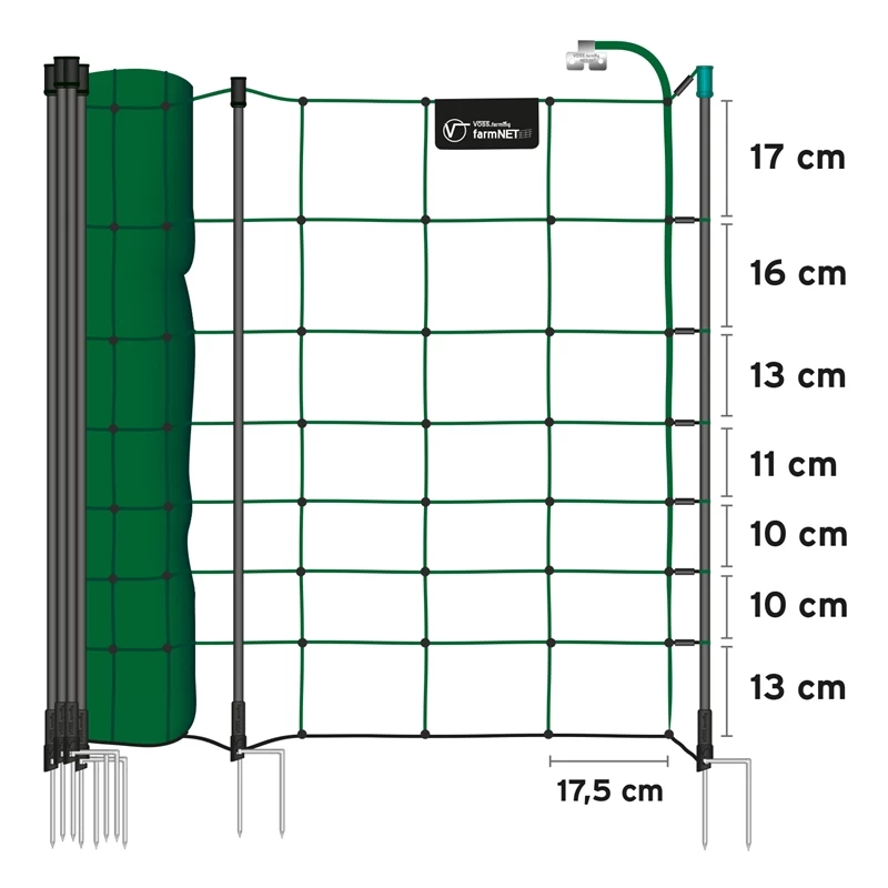 VOSS.farming FarmNET+ 50m Schafnetz, Ziegennetz, Elektronetz, 90cm, 20 Pfähle, 2 Spitzen, Grün – Bild 3