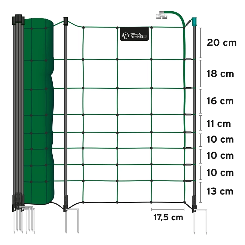 VOSS.farming FarmNET+ 50m Schafnetz, Ziegennetz, Elektronetz, 108cm, 20 Pfähle, 2 Spitzen, Grün – Bild 3