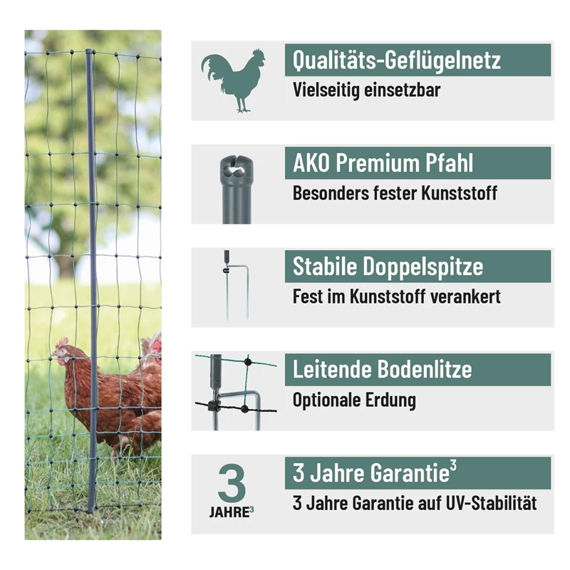 AKO PoultryNet Premium 50m Hühnerzaun, Geflügelnetz, 106cm, 15 Verstärkte Pfähle, 2 Spitzen, Grün – Bild 2