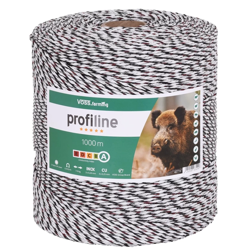 VOSS.farming Weidezaunlitze 1000 M, 3x 0,25 Kupfer + 3x 0,20 Niro, Weiß-schwarz
