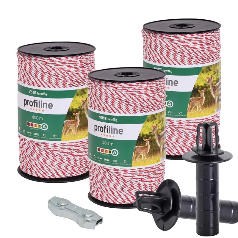3x VOSS.farming Weidezaunlitze 400m, 3x 0,25 Kupfer + 3x 0,20 Niro, Inkl. 5x Verbinder & Warnschild