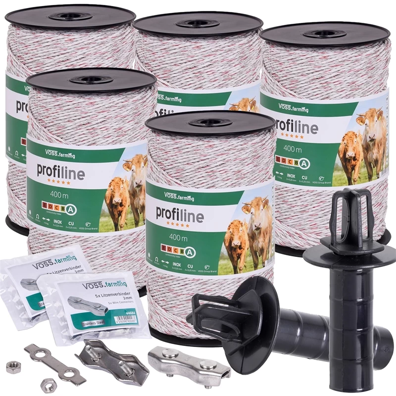 5x VOSS.farming Weidezaunlitze 400m, 3x 0,25 Kupfer + 3x 0,20 Niro, Inkl. 10x Verbinder & Warnschild