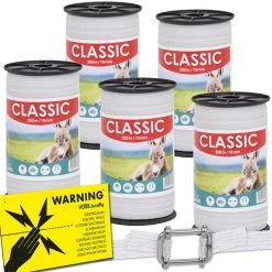 5x Weidezaunband "CLASSIC" 200m, 10mm, 4x0,16 Niro, Weiß (inkl. 5 Verbinder & Warnschild)
