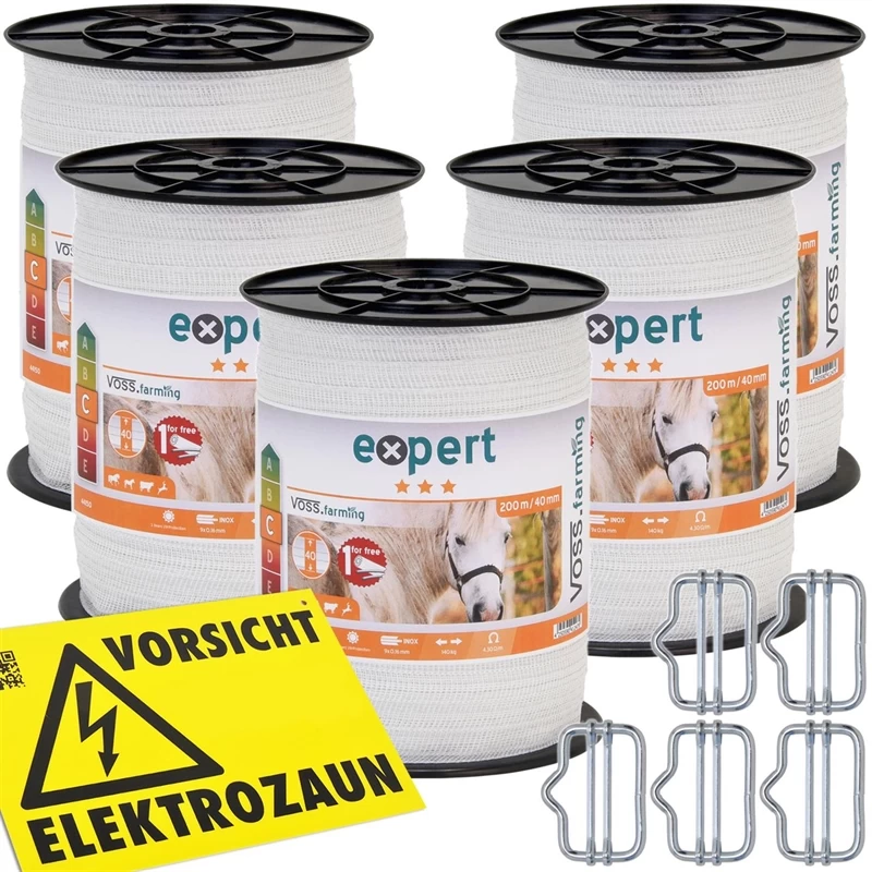 5x VOSS.farming Weidezaunband 200 M, 40 Mm, 9x0,16 Niro, Weiß (inkl. 5 Verbinder & Warnschild) – Bild 2
