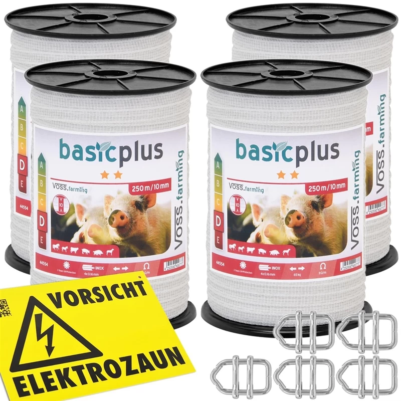 4x VOSS.farming Weidezaunband 250m, 10mm, 4x0,16 Niro, Weiß + 5 Verbinder!