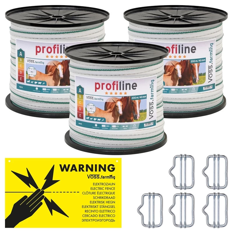 3x Weidezaun Band 200m, 40mm, 4x0,3 Kupfer + 6x0,3 Niro, Weiß-grün, Inkl. 5x Verbinder & Warnschild – Bild 2