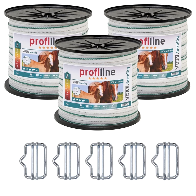 3x Weidezaun Band 200m, 40mm, 4x0,3 Kupfer + 6x0,3 Niro, Weiß-grün, Inkl. 5x Verbinder & Warnschild