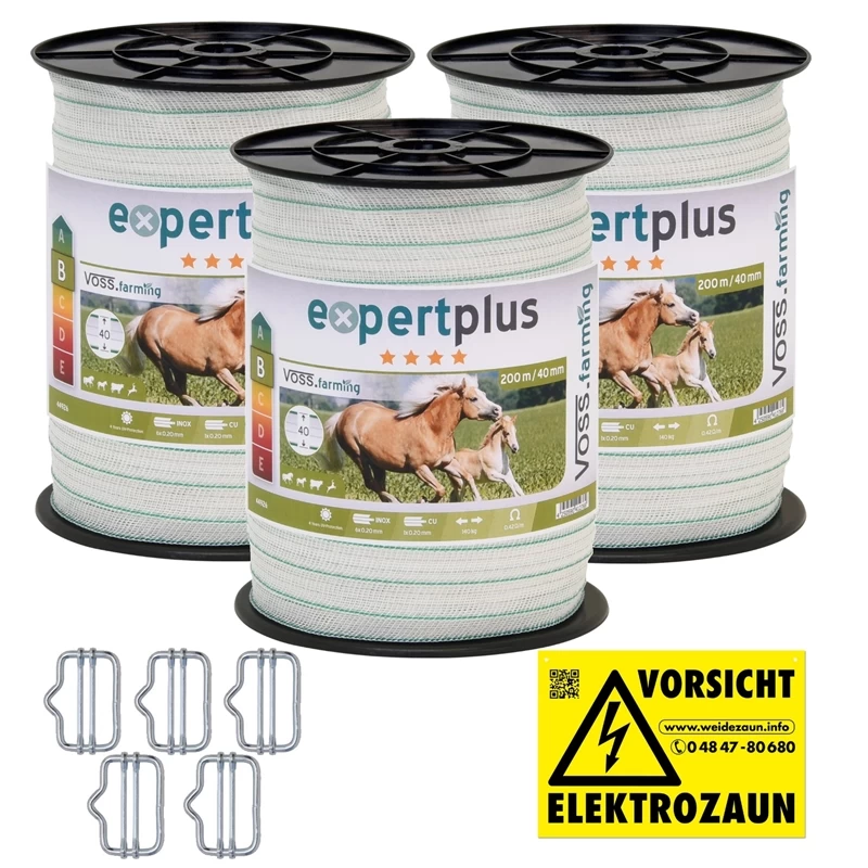 3x Elektrozaun-Band 200m, 40mm, 1x0,20 Kupfer + 6x0,20 Niro + 5x Verbinder + Warnschild