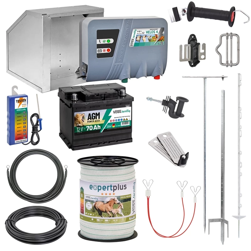 VOSS.farming Weidezaun-Starterset Für Pferde/Ponys, 12 Volt Auf 400 Meter, Drei Reihen, Ein Tor