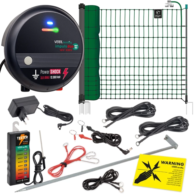 VOSS.farming Geflügelnetz Komplett Set: 25m Netz & 12-230V-Weidezaungerät