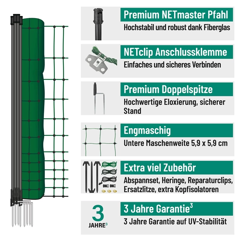 VOSS.farming FarmNET+ 50m Hühnerzaun, Geflügelnetz, 112cm, 20 Pfähle, 2 Spitzen, Grün – Bild 2