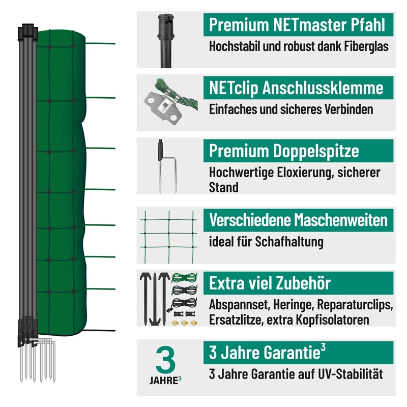 VOSS.farming FarmNET+ 50m Schafnetz, Ziegennetz, Elektronetz, 90cm, 20 Pfähle, 2 Spitzen, Grün – Bild 2
