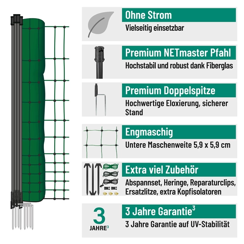 VOSS.farming FarmNET 50m Hühnerzaun, Geflügelnetz, 112cm, 16 Pfähle, 2 Spitzen, Grün, Ohne Strom – Bild 2