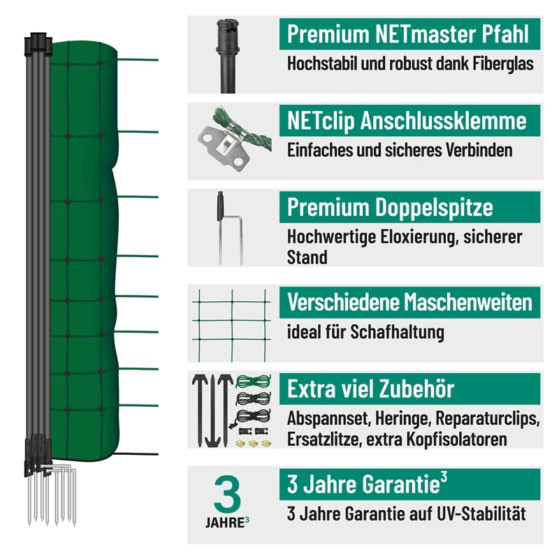 VOSS.farming FarmNET+ 50m Schafnetz, Ziegennetz, Elektronetz, 108cm, 20 Pfähle, 2 Spitzen, Grün – Bild 2